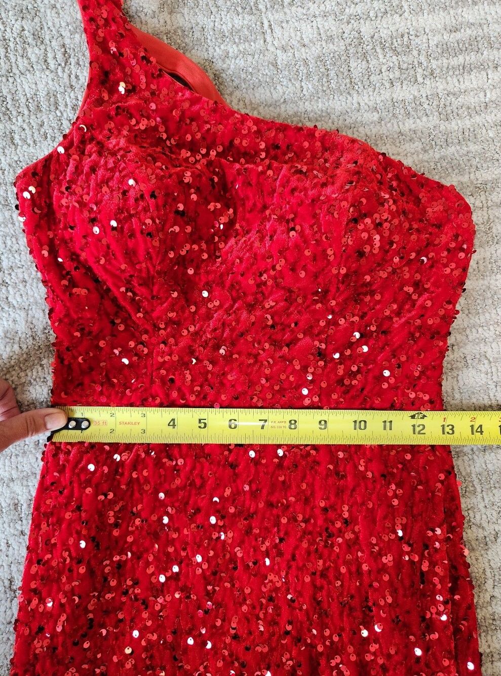 Red Sequin One Shoulder Crushed Velvet Maxi Dress with High Slit size 00 - Picture 7 of 12